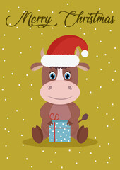 Design of a new year's card 2021 with the image of a cute bull. Vector graphics.