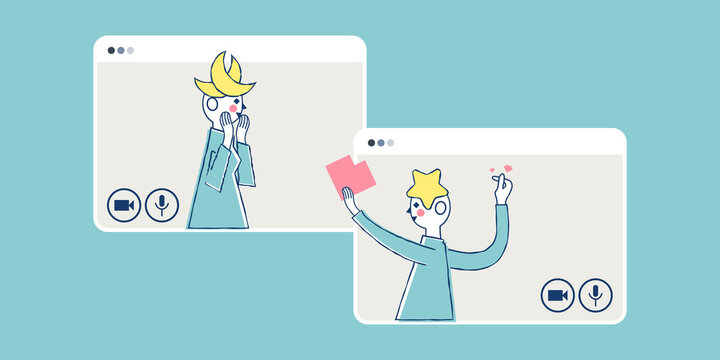 Young people video call conference, concept of online dating. Meeting website, acquaintance and speed date application. Hand drawn doodle flat vector illustration design. Relaxing sweet color concept.