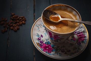 Still life- autumn motif. Breakfast- cup of coffee is on the table