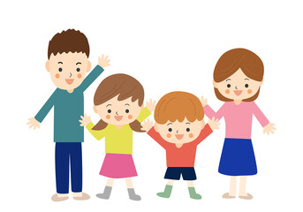 笑顔で手を振る4人家族（全身）01