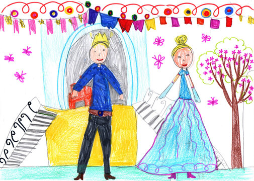 Child drawing beautiful Prince and Princess. Pencil art in childish style