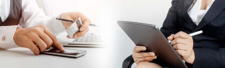 Searching Browsing Internet Data Information with blank search bar.businessman working with smart phone, tablet and laptop computer on desk in office. Networking Concept