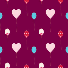 Fototapeta na wymiar Watercolor pattern with helium balloons of blue, red and light pink colors on the deep pink background