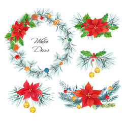 Pine wreath with red Poinsettia. Christmas decoration bouquet