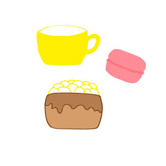 Set of sweet doodles, cute vector illustration, yellow cup, pink macaroon and chocolate cream cake, hand drawing
