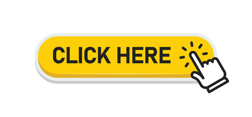 Click here button with clicking hand icon. Flat design style.