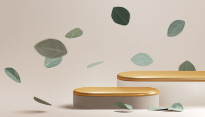 Beautiful empty gold pastel podium with falling eucalyptus leaves. beauty cosmetic product display platform scene mockup. 3d realistic vector