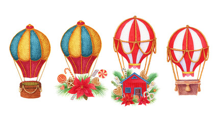 Fototapeta na wymiar Hot air balloon houses. Winter christmas decor. Fabulous transport
