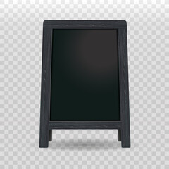 Obraz premium Vector realistic street chalkboard. Mockup. black board with wooden frame isolated on transparent. Outdoor stand for advertising and presentation for cafes, restaurants, menus. EPS 10.
