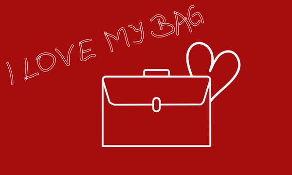 In weiß gezeichnete Aktentasche mit einem Herzen hinter einer Ecke und dem Text I love my bag vor rotem Hintergrund