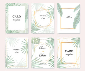 Fototapeta na wymiar modern minimalist tropical wedding invitation card templates set with golden geometric elements, vector design concept