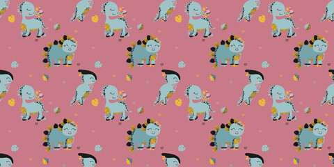 Cute childish summer seamless pattern of smiling dinosaurs brontosaurus with butterflies, parasaurolophus, stegosaurus, colorful monstera leaves, outline hearts on a terracotta background. Vector. © Яна Борисова
