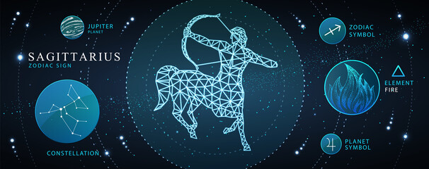 Modern magic witchcraft card with astrology Sagittarius zodiac sign. Polygonal centaur with Bow and arrow. Zodiac characteristic - obrazy, fototapety, plakaty