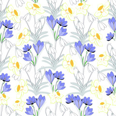 seamless pattern with blue flowers crocuses