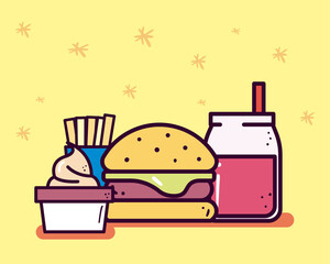 hamburger soda french fries and ice cream line and fill style icon vector design