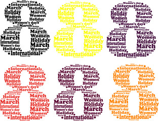 March 8 is a symbol of international women's day. Vector illustration. Eight is made of the collage words: holiday, international, women's day, March and women in different colors