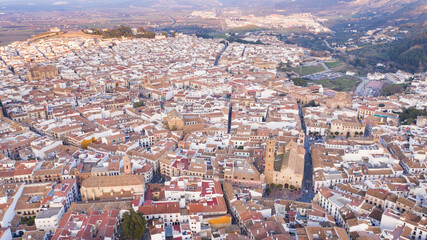 Typical Andalusian town seen from above aerial drone view in Antequera