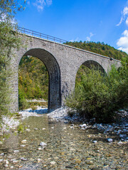 Bridge-viaduct over the rocky river Idrija