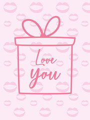 Love you card with gift and kisses vector design