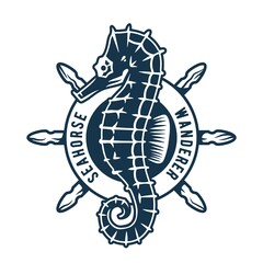 Marine seahorse and helm wheel logo. Nautical wanderlust and adventure illustration. Ocean explorer