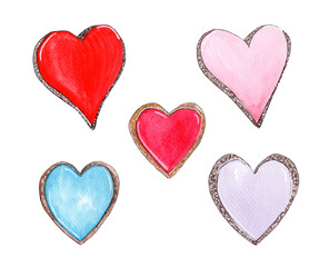 Hand painted watercolor heart cookies isolated on white background.