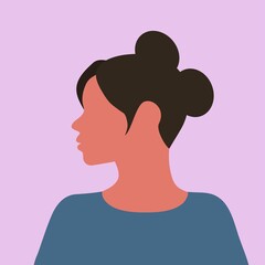 Beautiful brunette in blue clothes, in profile. The brunette. The girl looks to the left. Vector illustration of a female face, portrait.