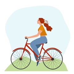 Funny smiling girl, dressed in stylish clothes, riding a Bicycle . Cute happy young woman on a Bicycle. Charming female cyclist. Flat cartoon colorful vector illustration