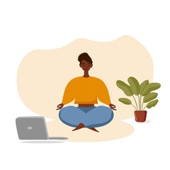 Yoga studios broadcast online classes. Dark-skinned girl watch online sports lessons on a laptop and trains at home. Concept illustration isolated on a white background.
