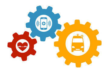 Healthcare mechanism icon. Heart attack, call, ambulance, healthcare system. Gear, vector.