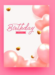 Festive happy birthday background with helium balloons.Realistic decorative design elements. Celebrate a birthday, poster, banner happy anniversary. Vector 3d object ballon with ribbon, pink color.