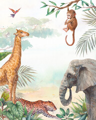 Tropical card background. Illustration with elephant, chimp, leopard and giraffe. Safari animal and jungle flora on watercolor background. - obrazy, fototapety, plakaty