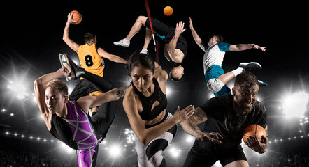 Sport collage. Basketball player, figure skating, rugby, athletic, volleybal