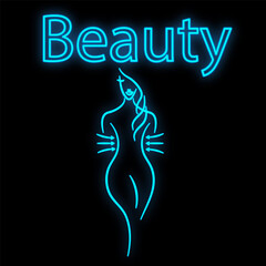 Bright luminous blue neon sign for a beauty salon in slimming beautiful shiny beauty spa with a female slim sexy figure on a black background.