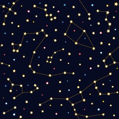 Blue seamless background with colored constellations. Star pattern and signs of the zodiac.