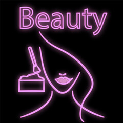 Bright luminous violet neon sign for hairdresser cosmetology beauty salon beautiful shiny beauty spa with the face of a woman doing makeup on a black background. illustration