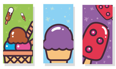 ice creams with sticks and cones labels vector design
