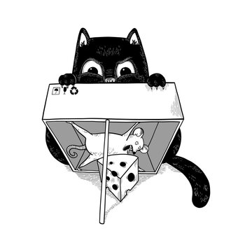 Black cat hunts on the mouse. Funny Mouse steals cheese. Box-shaped trap. Cute cartoon illustration isolated on white background
