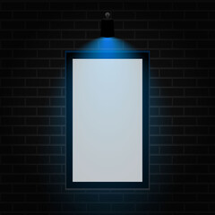 White blank poster with frame mock-up on grey wall with blue light