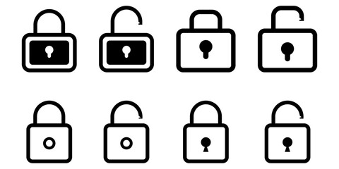 Padlock icon. Lock symbol in black. Password pictogram collection. Padlock icons on white background. Protection symbol. Keyhole with lock. Closed and open privacy. Vector EPS 10.