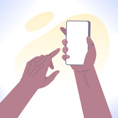 Hand holding phone and pointing on blank screen mock up, vector illustration