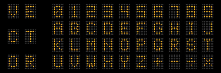 Digital scoreboard. Digital numbers and alphabet. Electronic display board. Orange alphabet on black background. Isolated text in vector. Digital font. Vector illustration. EPS 10.