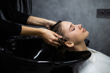 Beautiful young woman getting a hair wash. In a hair salon - obrazy, fototapety, plakaty