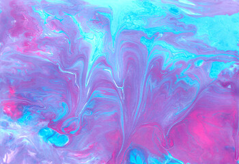 Fototapeta na wymiar Abstract fluid art background. Blue, purple, pink, violet and white colors mix together. Beautiful creative print. Abstract art hand paint. Original artwork. Color splashing on paper. Cosmic texture. 