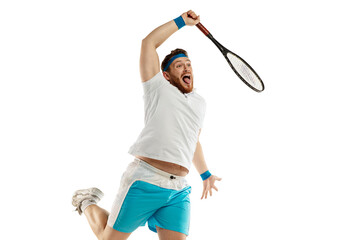 Hurry. Highly tensioned game. Funny emotions of professional tennis player isolated on white studio background. Excitement in game, human emotions, facial expression and passion with sport concept.