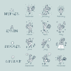 Calendar template. Times of year. Four Seasons and months, the template for creating a calendar with funny cocks. Rooster symbol of Chinese New Year
