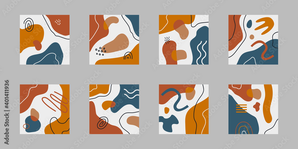 Poster Modern set of eight abstract backgrounds with colorful geometric shapes and line on light background. Vector creative design