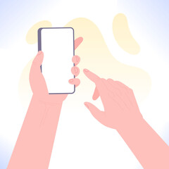Hand holding phone and pointing on blank screen mock up, vector illustration
