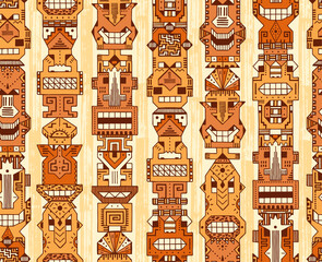 Fototapeta na wymiar Vector Seamless pattern of Tribal Polynesian Tiki Masks. Hand Drawn Doodle Hawaiian Totem Idol Carved Religious Masks statue. Ethnic symbols background 