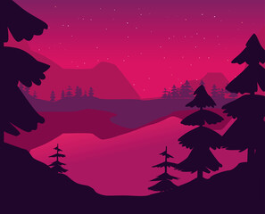 Landscape of river and pine trees at night vector design