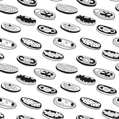 Doodle cartoon black and white hipster style seamless pattern vector . A set of bruschetta tapas canape appetizers. Bar restaurant menu ads, card, farmers market decor, website design